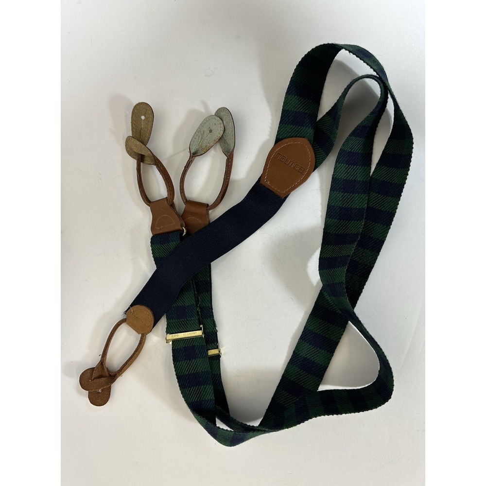 Nautica  Suspenders Green Navy Blue Plaid Wool & Leather Germany